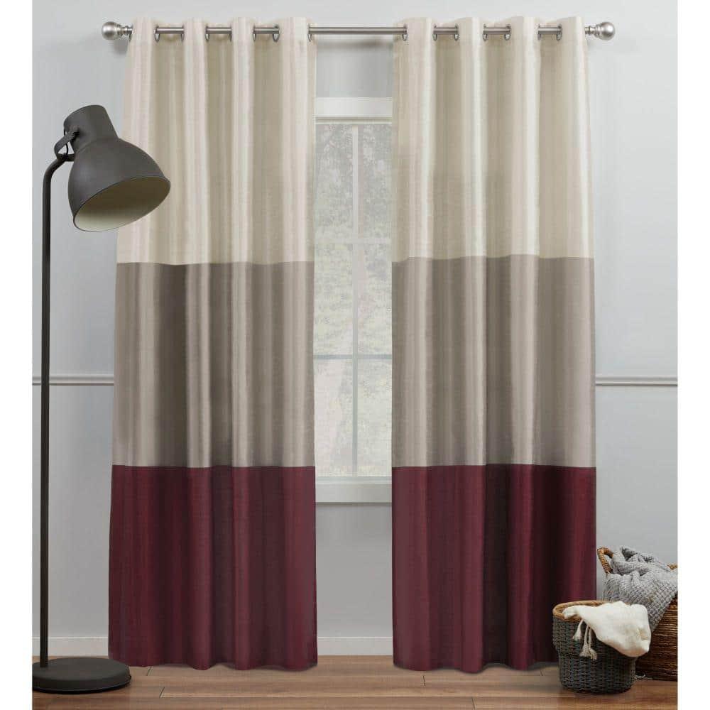 Set of 2 96"x54" Chateau Striped Faux Silk Grommet Top Curtain Panel Burgundy/Taupe - Exclusive Home: Modern Window Drapes