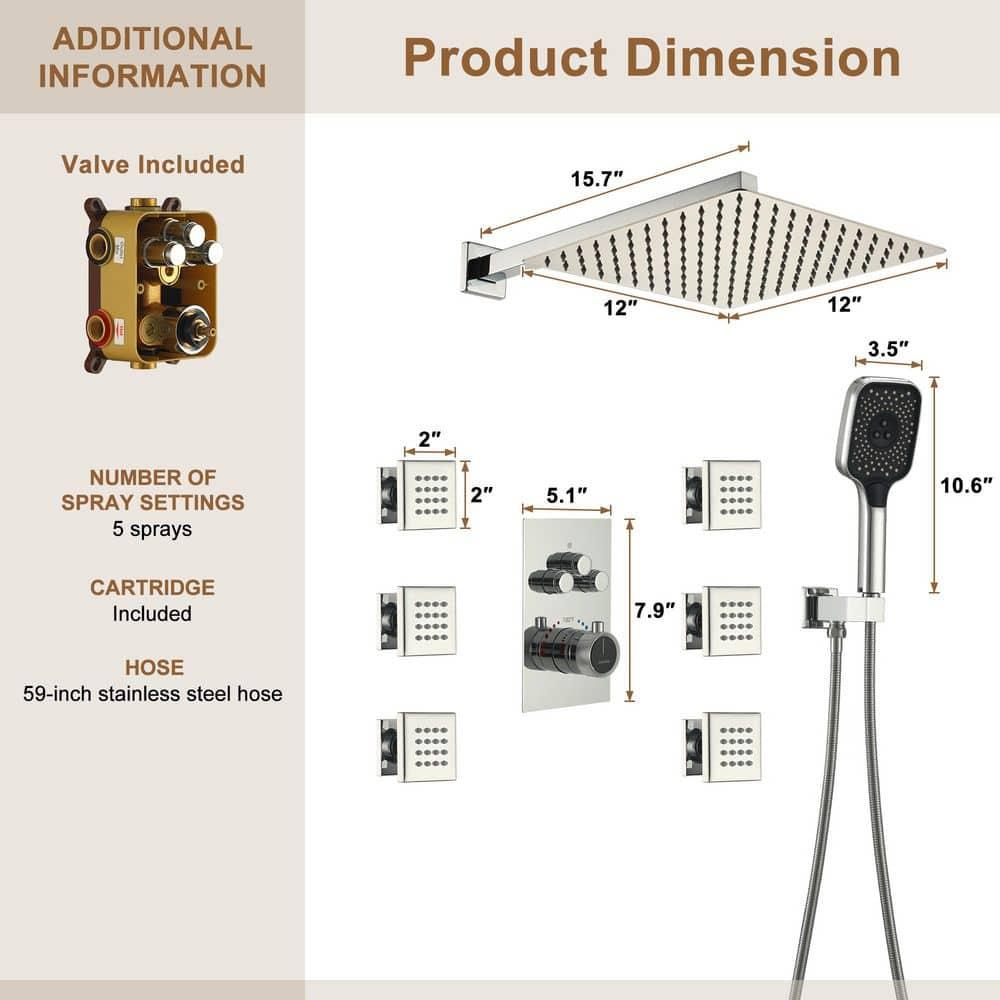 Revitalize 3-Function 12 Inch Wall Mount Rainfall Thermostatic Shower System with 6 Body Jets