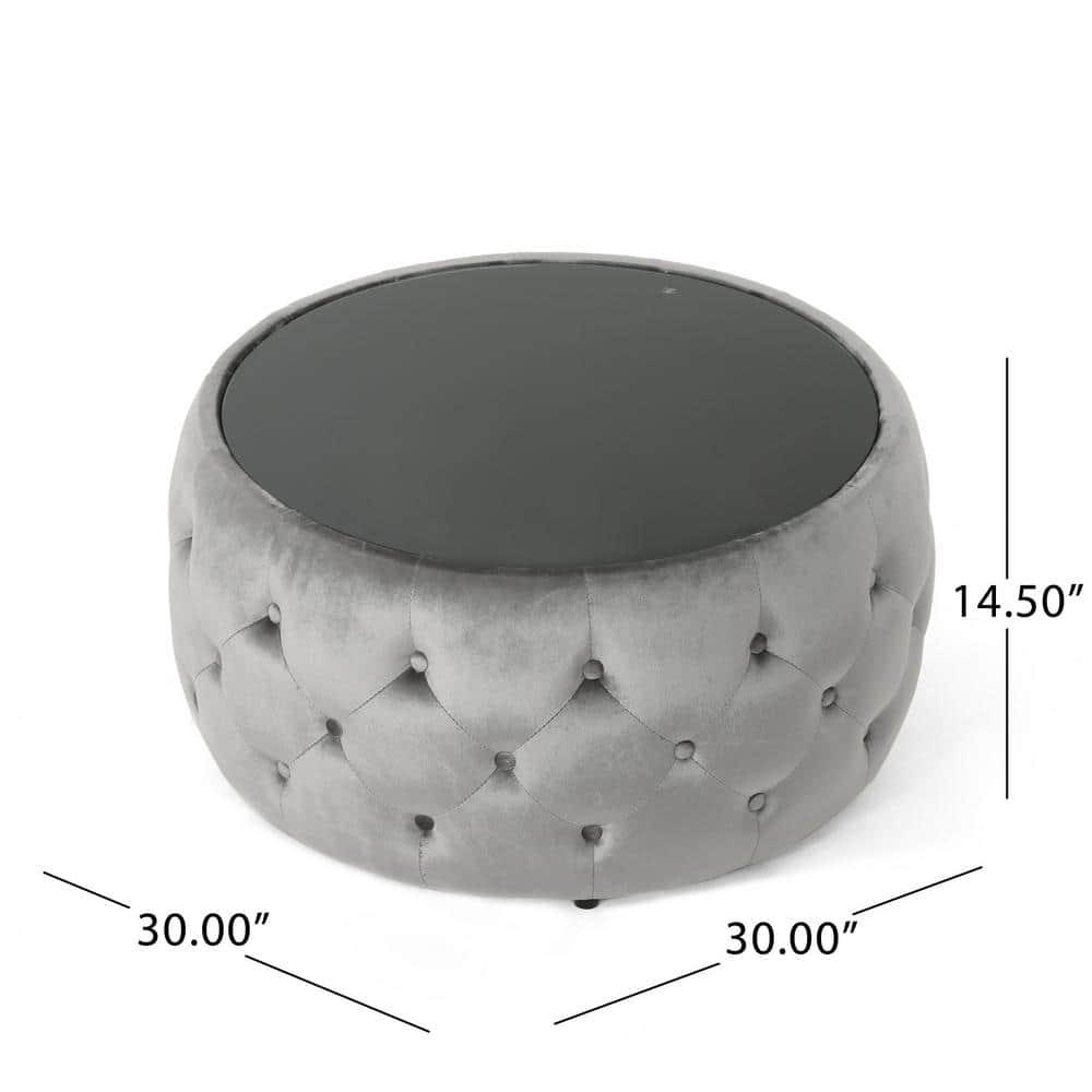 Noble House Merna Glam Velvet and Tempered Glass Ottoman Coffee Table, Smoke