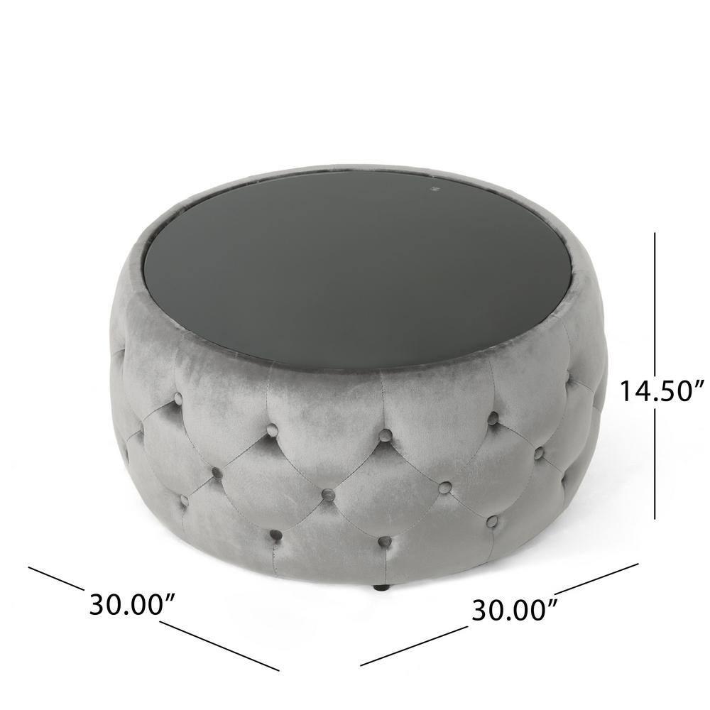 Noble House Merna Glam Velvet and Tempered Glass Ottoman Coffee Table, Smoke