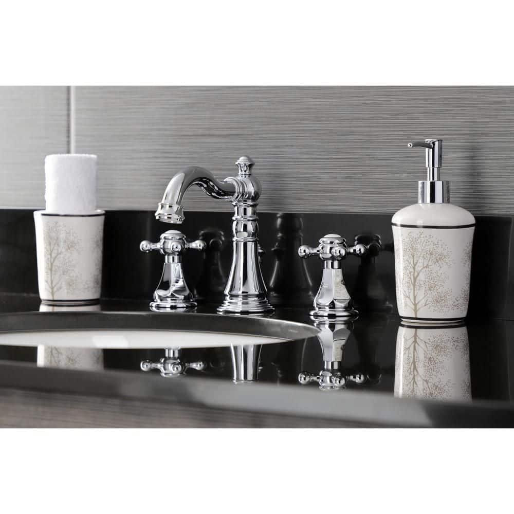 Kingston Brass American Classic Two-Handle 3-Hole Deck Mount Widespread Bathroom Faucet with Pop-Up Drain
