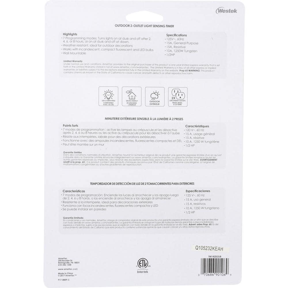 AmerTac TM14DOLB Outdoor Daily Photocell Timer 1-Outlet Self-Adjusting - Black