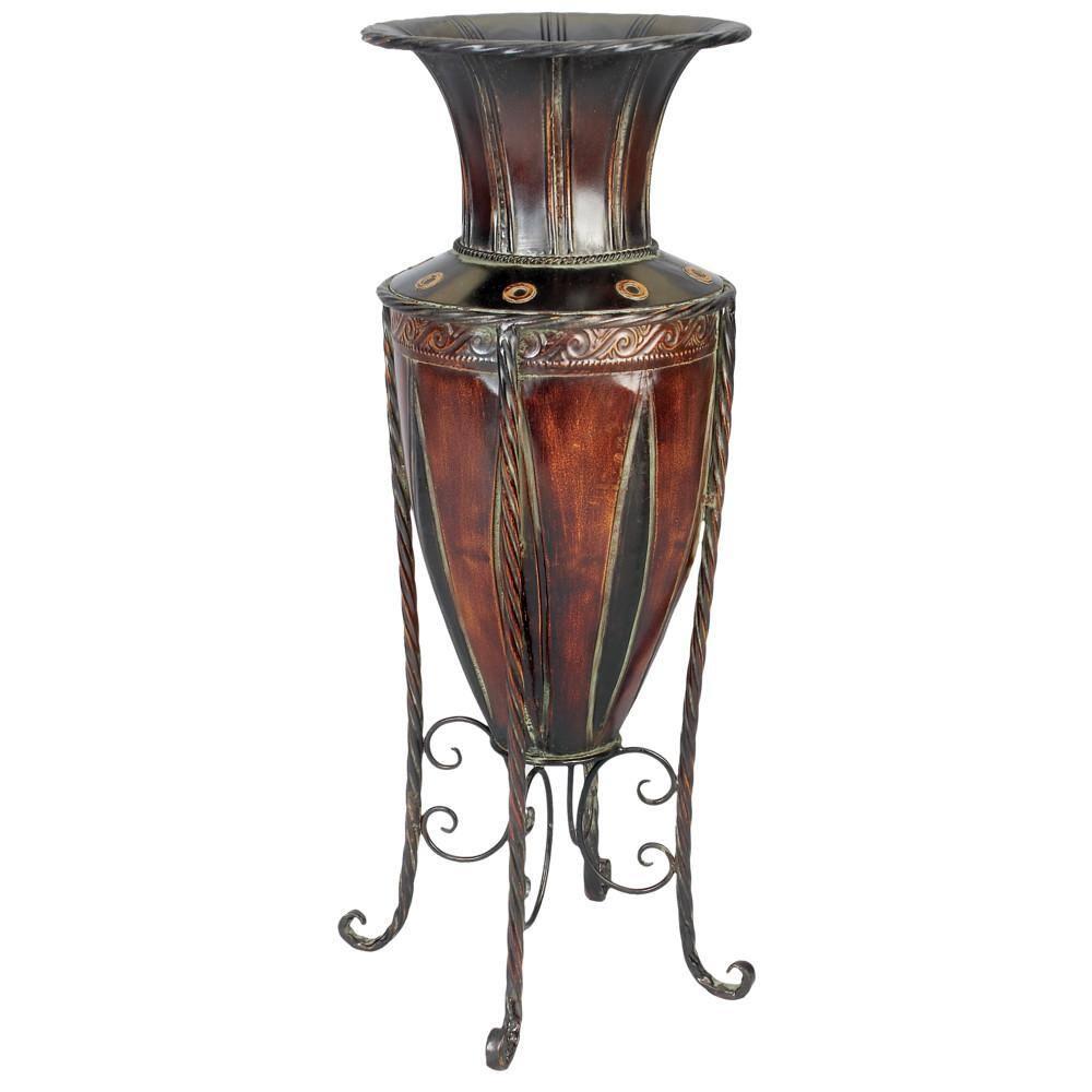 DecMode 27" Tall Brown Metal Vase with Attached Metal Stand and Intricate Design