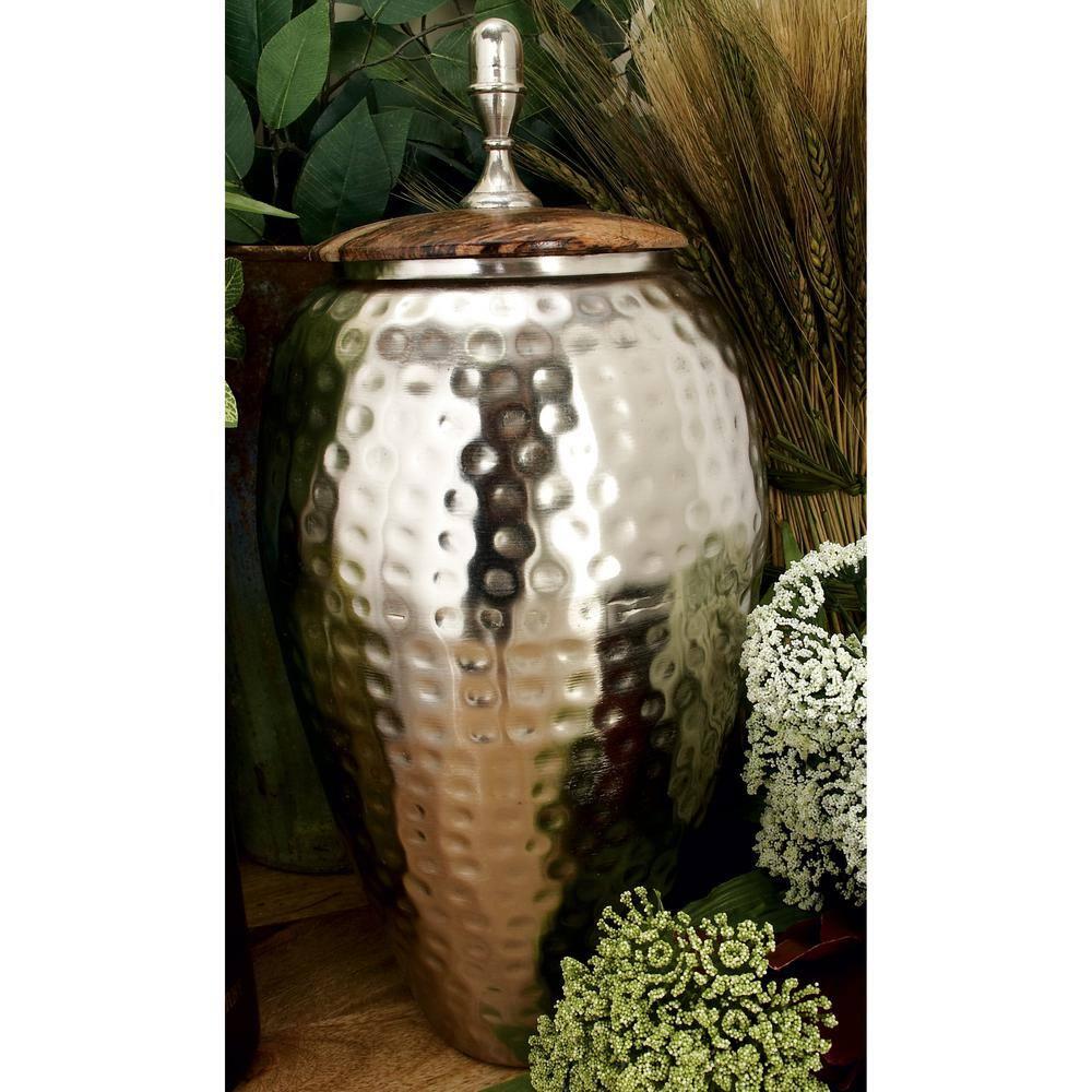 DecMode 7" x 16" Silver Metal Hammered Decorative Jars, 1-Piece