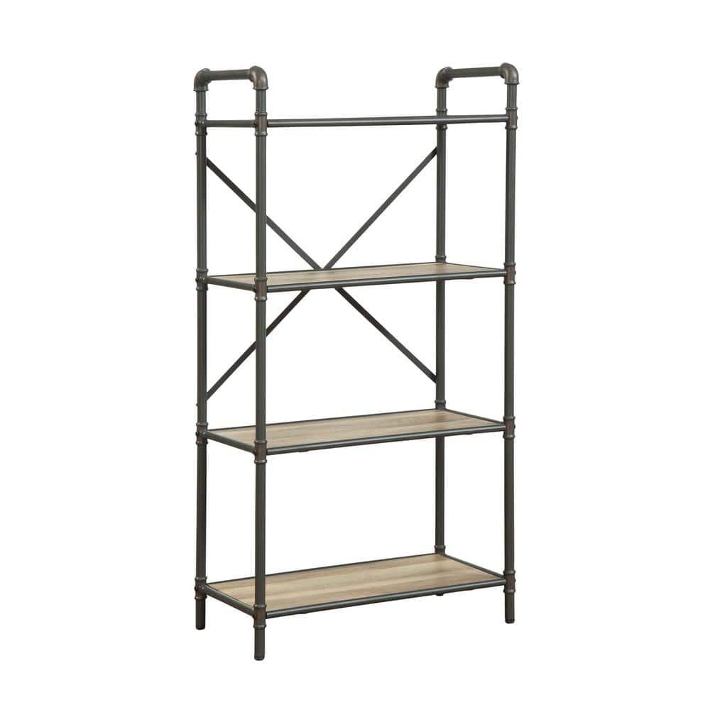 48" Itzel 4 Shelves Bookcase Antique Oak/Sandy Gray - Acme Furniture: Metal Frame, Open Back Design, Home Office Storage