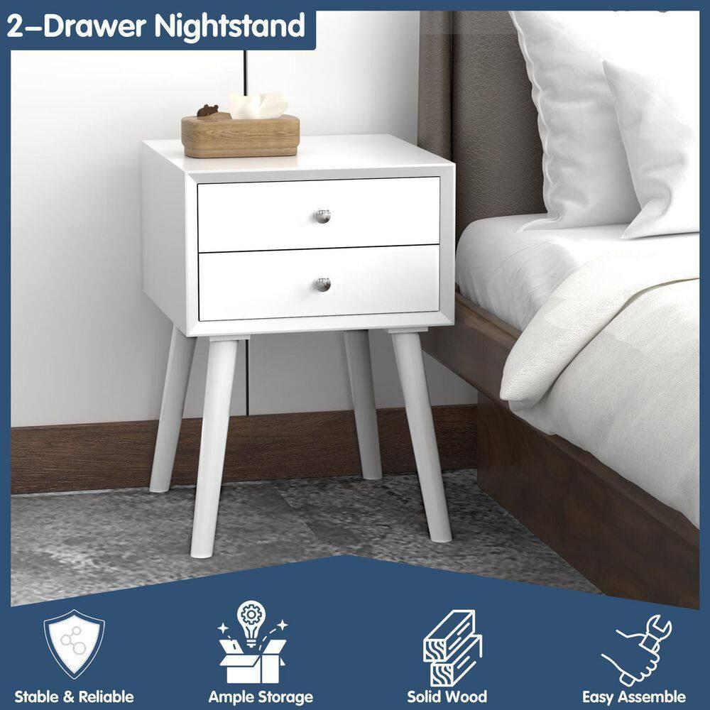 Tangkula Wooden Nightstand with 2 Storage Drawers Accent End Side Table for Bedroom&Living room White