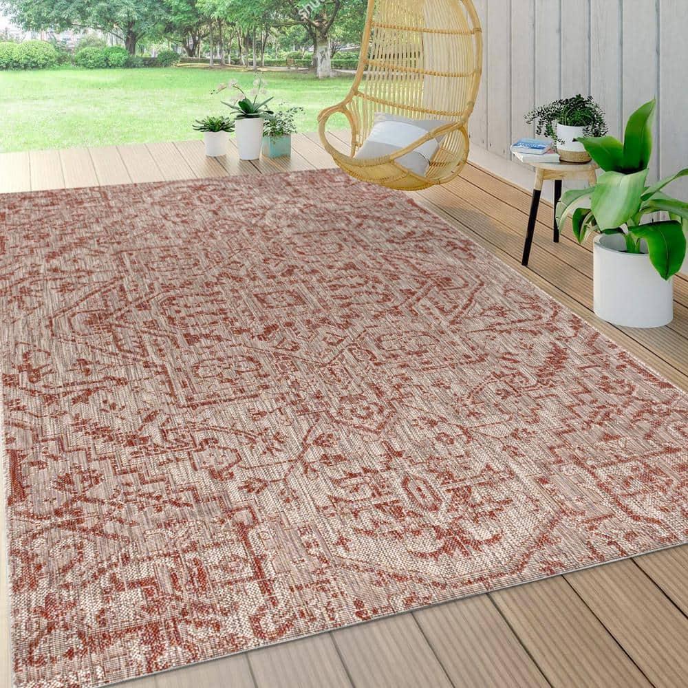 8'x10' Estrella Bohemian Medallion Textured Weave Indoor/Outdoor Area Rug, Red/Taupe - JONATHAN Y