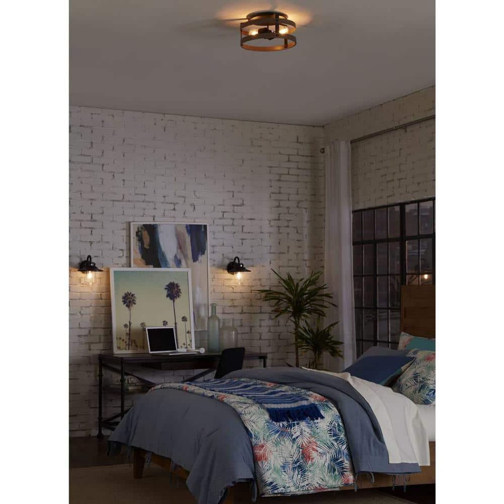 Progress Lighting Gulliver 2-Light Flush Mount Ceiling Light, Graphite, Open-Cage Design, Faux-Wood Finish