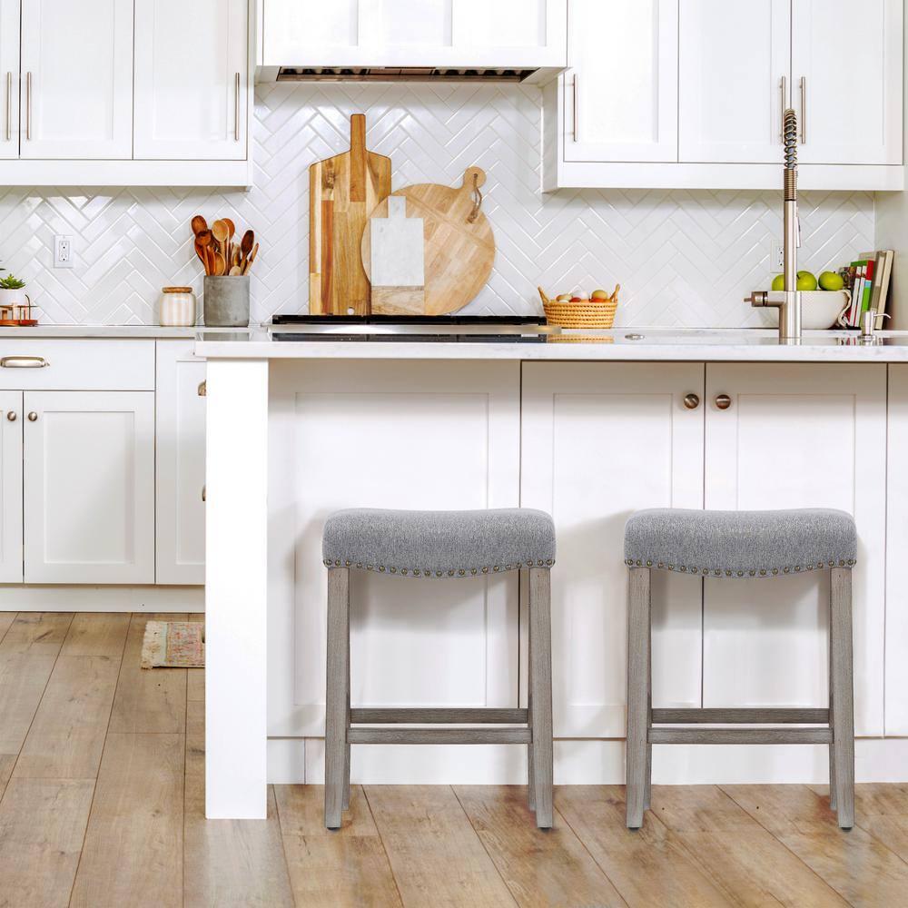 Polytrends Jameson Upholstered Polyester 24" Counter Stool - Gray Legs/ Saddle Seat Antique Gray/Gray Wood Polyester Fabric 250lbs