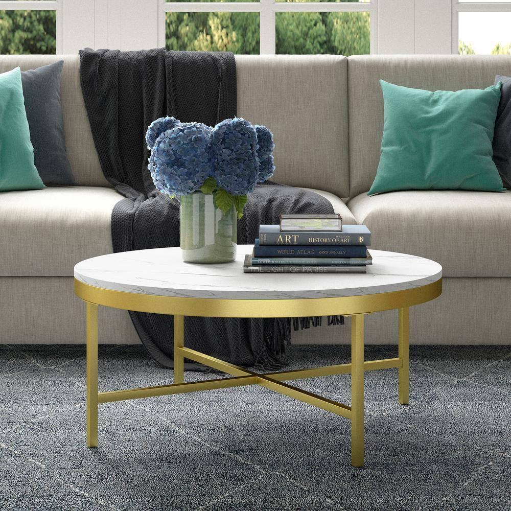 Henn&Hart Brass Finish Coffee Table with Faux Marble Top