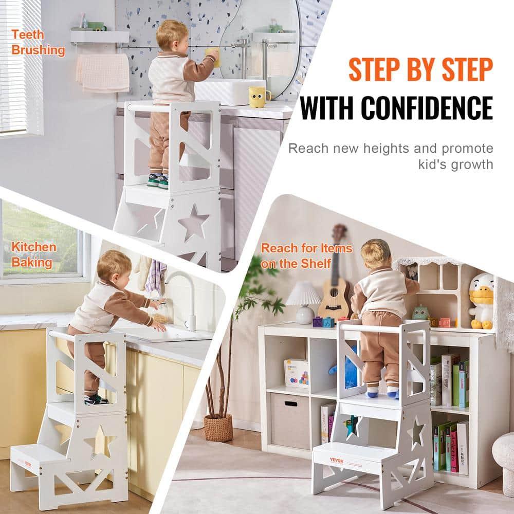 Toddler Step Stool, Natural Pine Wood Kids Kitchen Stool Helper with Safety Rail, Standing Tower Learning Stool for Bedroom Bathroom Kitchen Counter, 150LBS Loading Capacity,