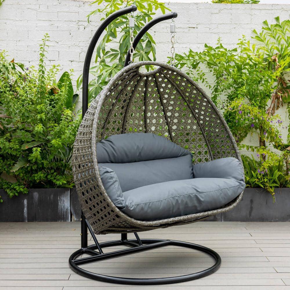 LeisureMod Charcoal Wicker Hanging 2 person Egg-Shaped Swing Chair, Dark Grey