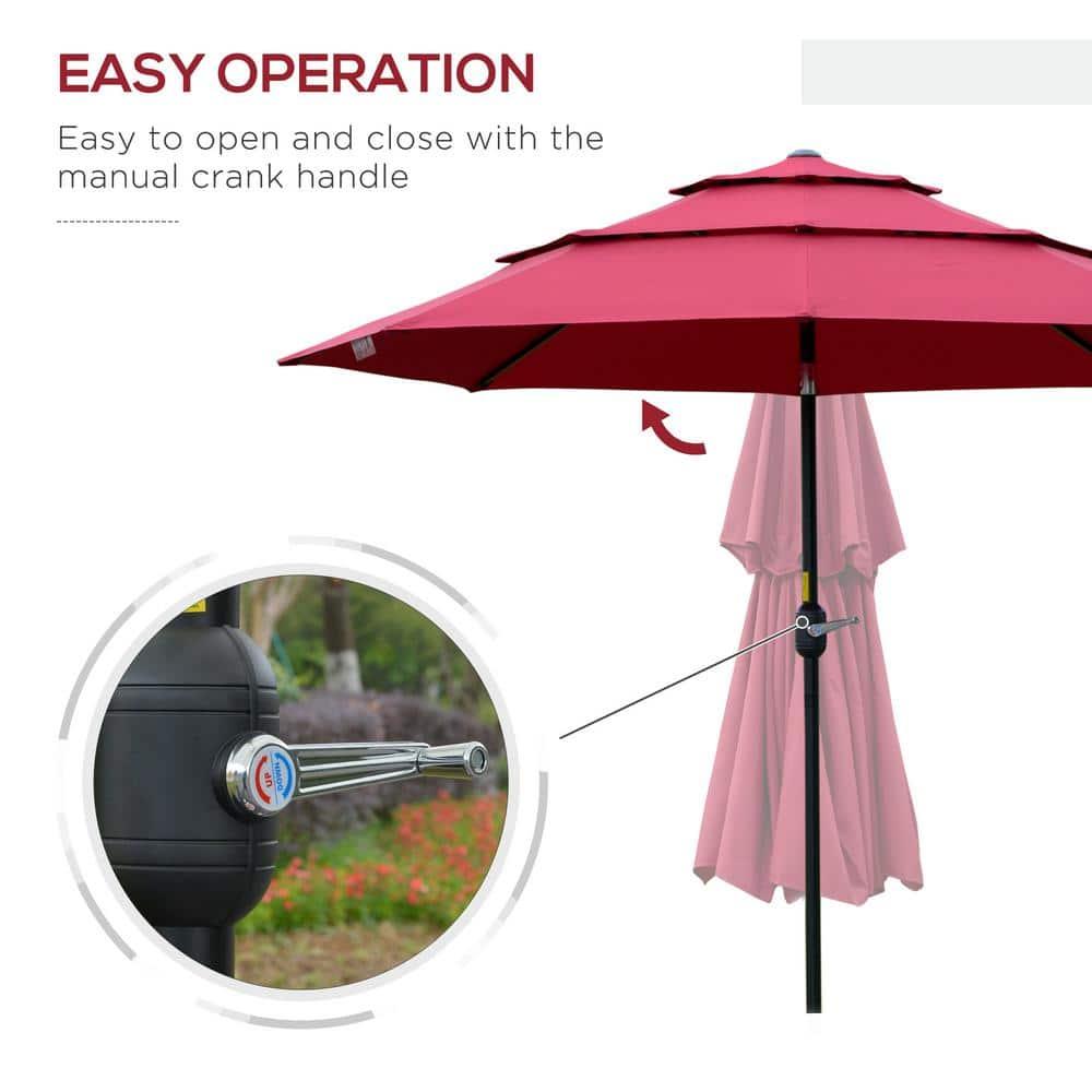Outsunny 9' 3-Tier Patio Umbrella, Outdoor Market Umbrella with Crank and Push Button Tilt for Deck, Backyard and Lawn, Red