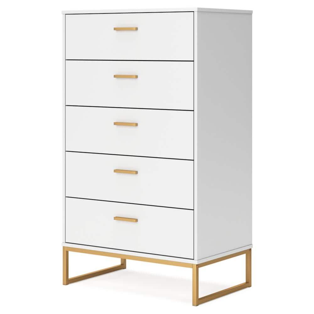 Signature Design by Ashley Socalle 5 Drawer Tall Dresser, White/Gold