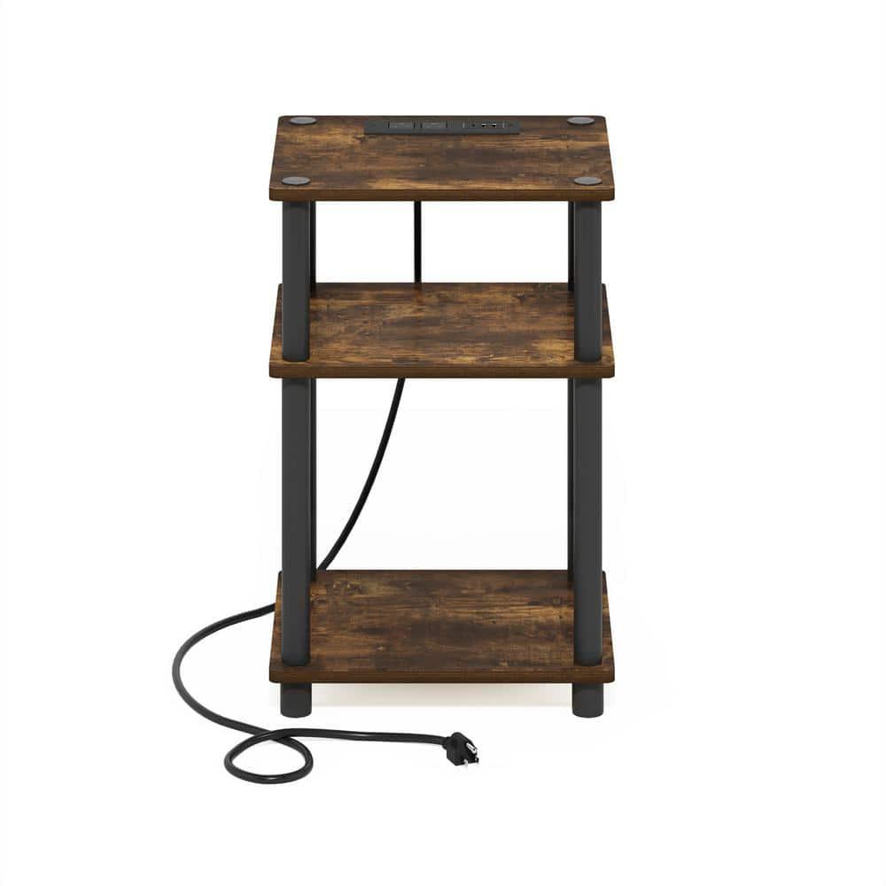 Furinno Just 3-Tier Turn-N-Tube USB and Type-C Charging Port End Table with Open Storage, Amber Pine/Black