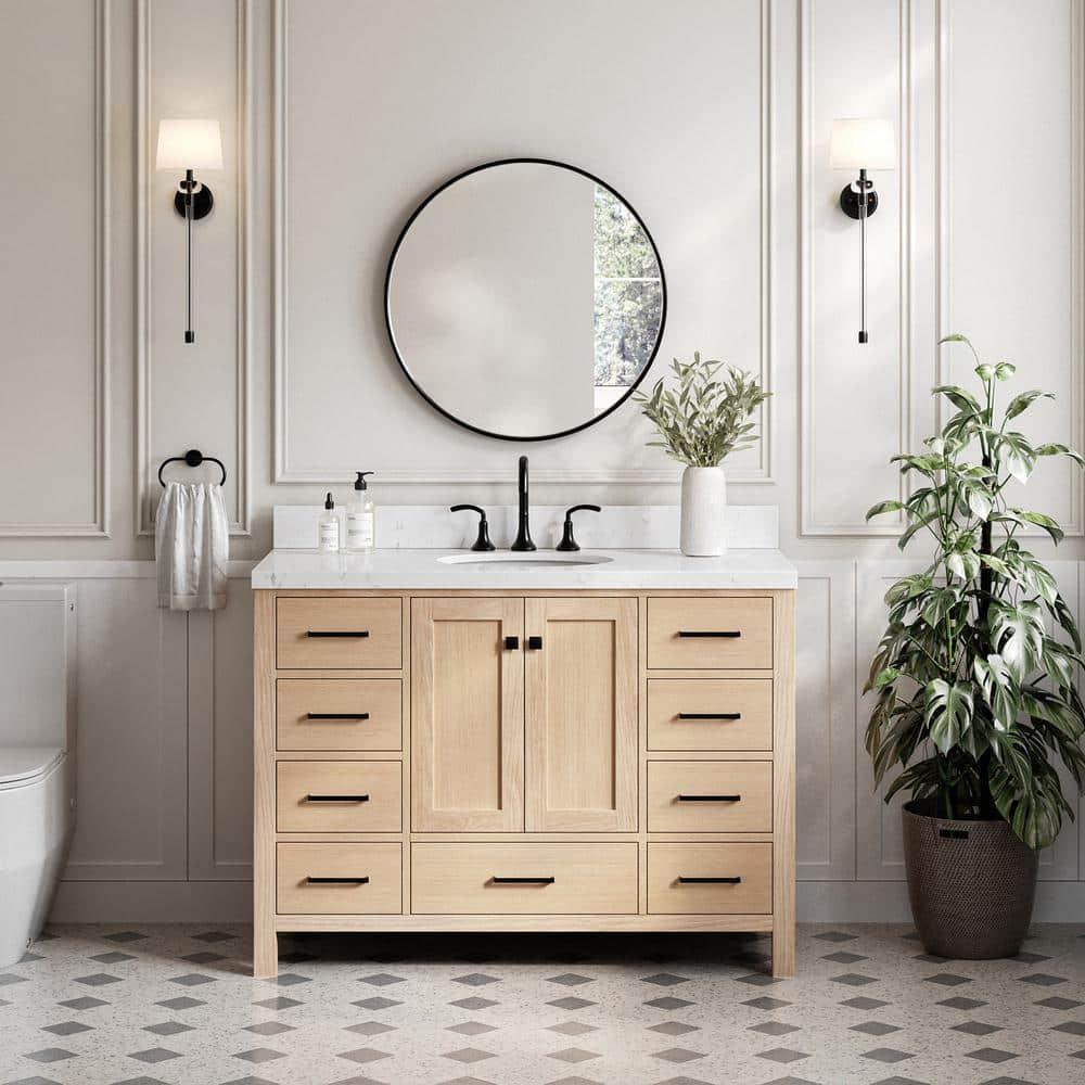 ARIEL Cambridge 48 Inch Single Oval Sink Bathroom Vanity With Carrara White Quartz Countertop 1.5 Inch Edge In Oak