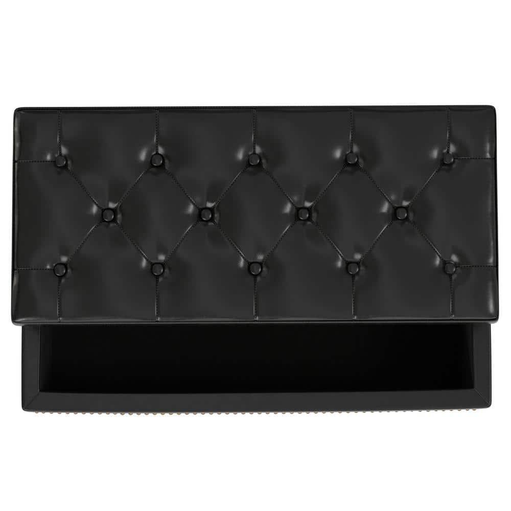 Simpli Home Hamilton 44"W Upholstered Lift-Top Storage Ottoman with Nailhead Trim and Tufted Detailing
