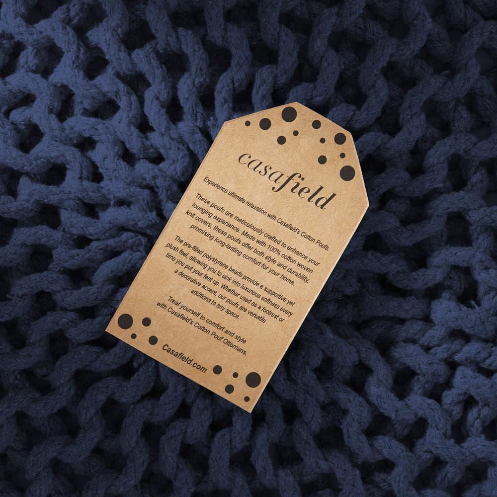 Casafield Round Pouf Ottoman, Navy Blue - 20" Dia x 14.5" High Cotton Knit Foot Stool - Boho Floor Pouffe for Living Room