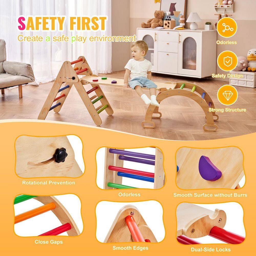 Pikler Triangle Set, 5 in 1 Toddler Climbing Toys Indoor Playground, Ramp, and Arch, Montessori Climbing Set with Triangle, Medium Size Wooden Climbing Gym for Toddlers 1-3 Years, Colorful