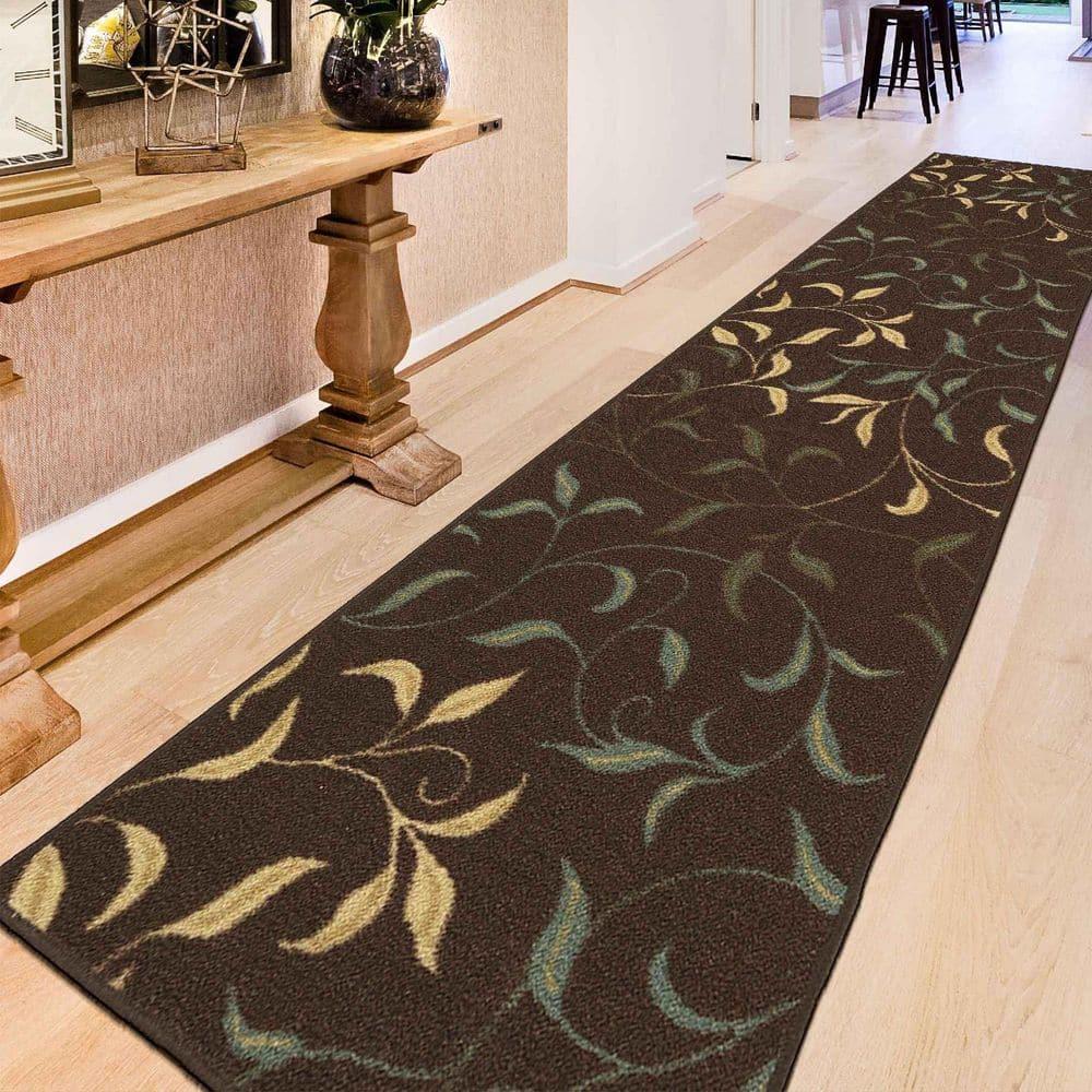 Ottohome Non-Slip Leaves Area Rug For Living Room, Hallway Runner, Entryway Rug, Brown