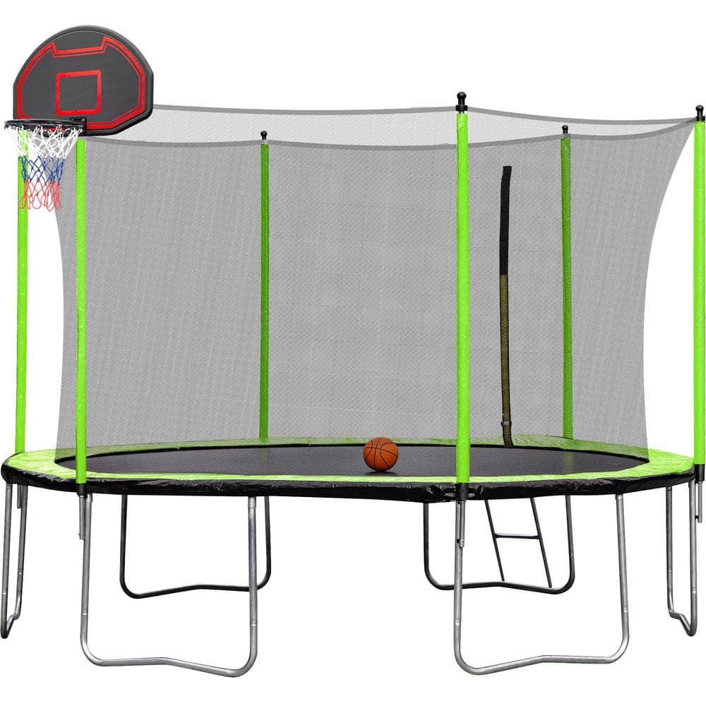12FT Round Tranpoline with Safety Enclosure Net and Ladder for Kids, Straight Poles Recreational Outdoor Trampoline with Basketball Board and Ball, Weight Capacity 264 LBS, Green