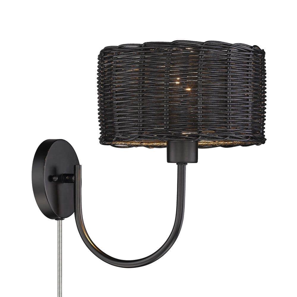 Golden Lighting Erma 1-Light Wall Sconce in Matte Black with Black Wicker