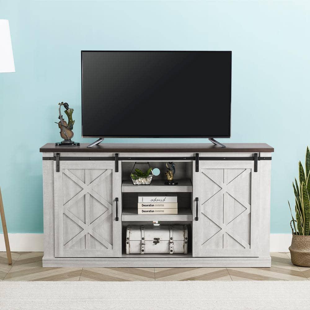 58" TV Stand for TVs up to 65" Saw Cut Off White - Home Essentials: Sliding Barn-Door, Adjustable Shelves