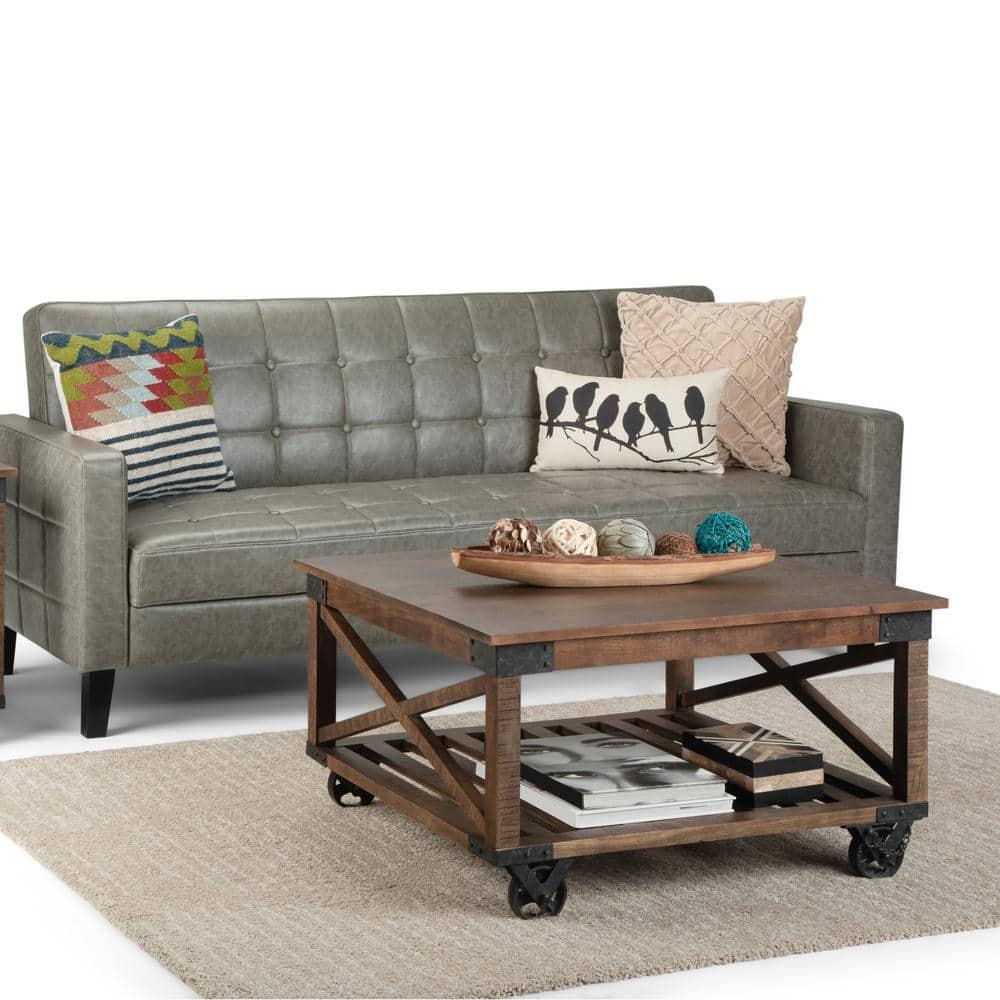 Simpli Home Harding 32"W Solid Mango Wood Industrial Square Coffee Table with Metal Accents, Open Shelf, and Iron Wheels
