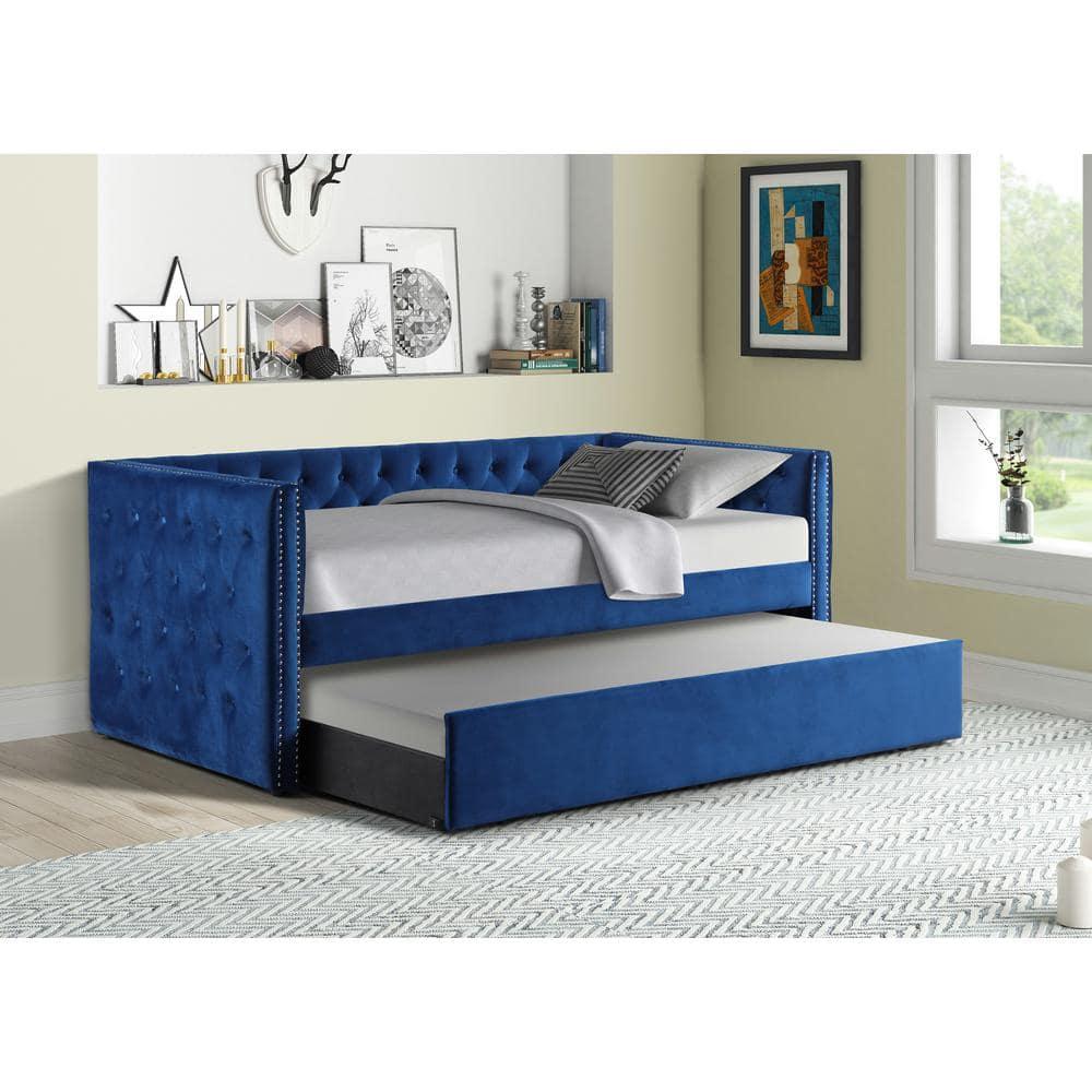 Best Master Furniture Nikora 86" Tufted Fabric Daybed with Trundle in Blue