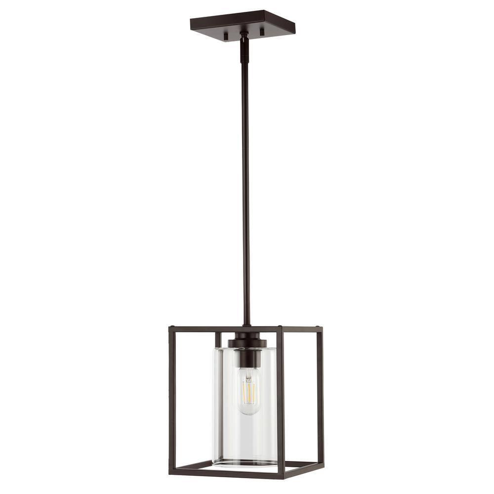 Quinn 8.13" 1-Light Industrial Farmhouse Iron/Glass LED Pendant, Oil Rubbed Bronze