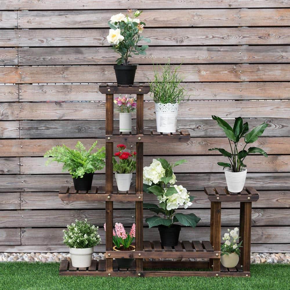 Costway Outdoor Wooden Plant Flower Display Stand 6 Wood Shelf Storage Rack Garden