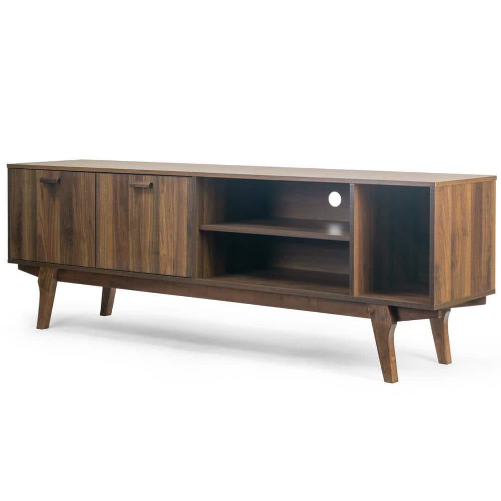 Glamour Home Anona 71" Wood TV Stand with 2 Cabinets and Open Shelves in Walnut