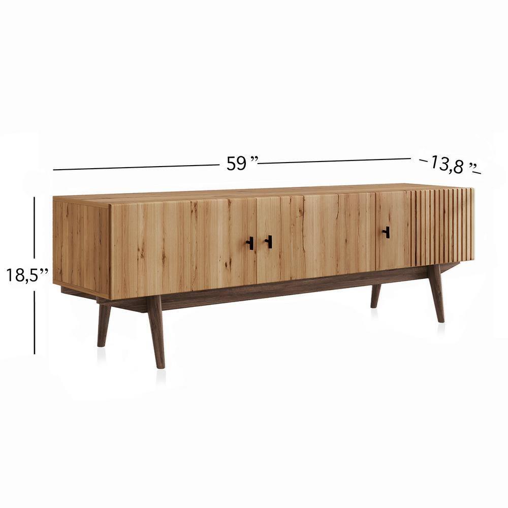 Living Skog  Chelsea Brown TV Stand Fits for TV's up to 65 in. with Slatted Design and Wood Legs light brown Matte Laminate
