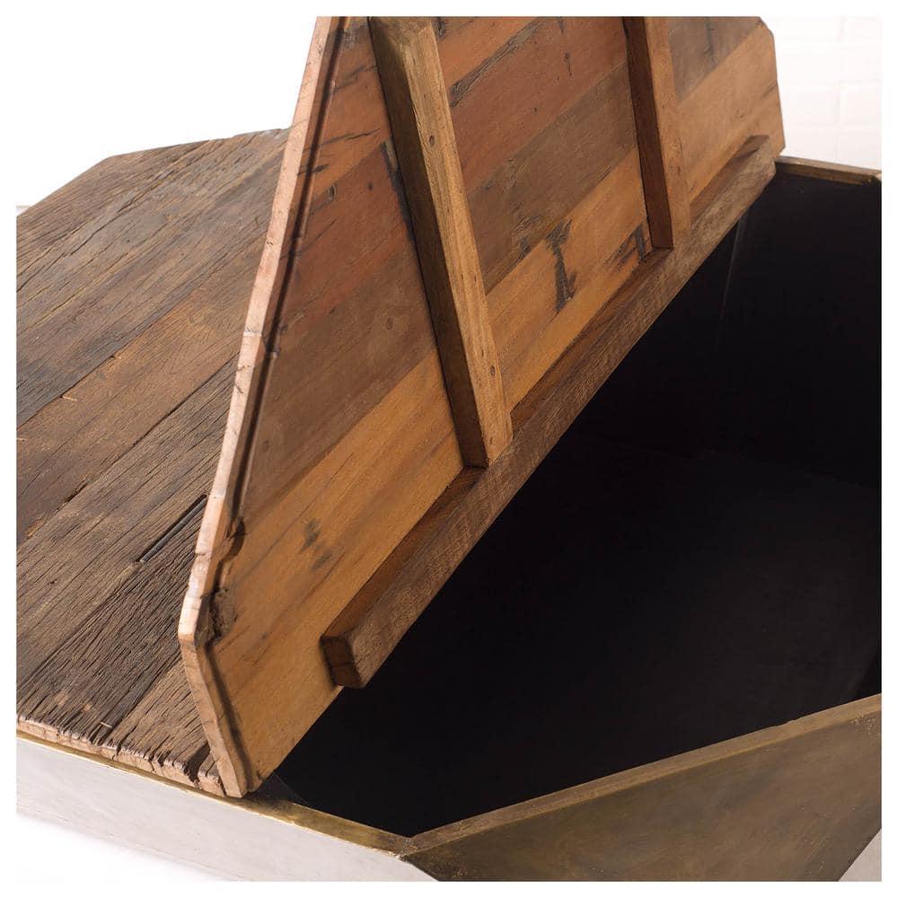 Esagono Rustic Hexagonal Wood & Brass Lift-Top Coffee Table with Storage
