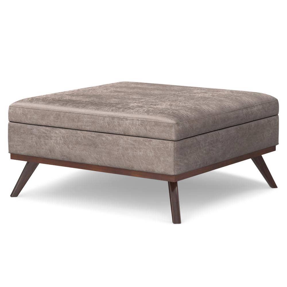 Simpli Home Owen 40"W XL Upholstered Square Coffee Table Storage Ottoman with Lift Top and Solid Wood Legs