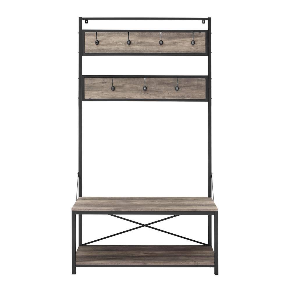 72" Gray Wash Industrial Metal and Wood Hall Tree with Bench