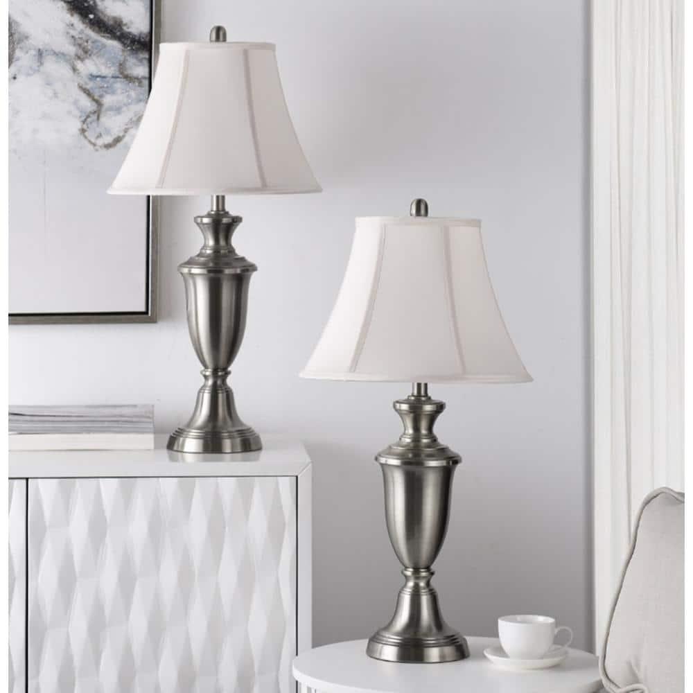 Table Lamp - Brushed Steel Finish - White Softback Silk Fabric Shade - Set of 2