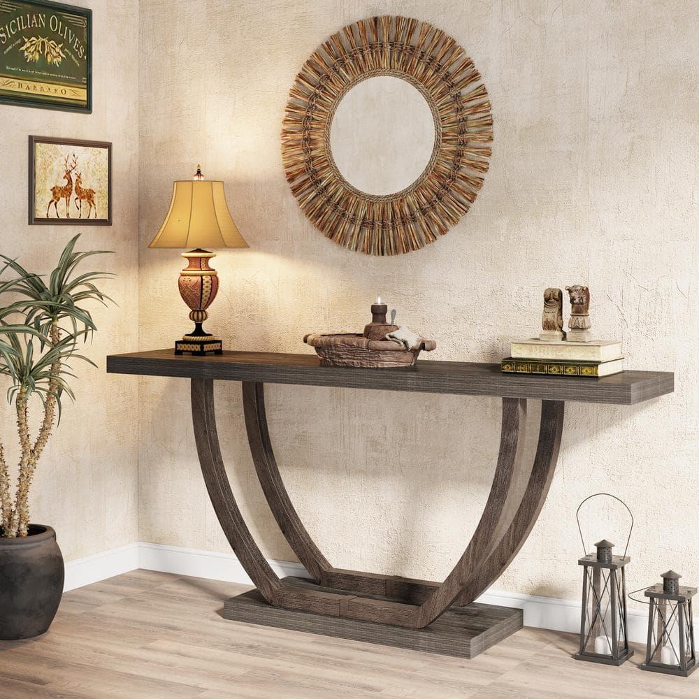 Resenkos Entryway Table, Console Sofa Table,63" Farmhouse Console Table, 2-Tier Entryway Sofa Table Gray