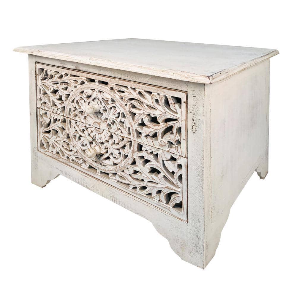 The Urban Port 24" Handcrafted Mango Wood Nightstand Side Table 2 Drawers Floral Carved Cut Out Design Antique White