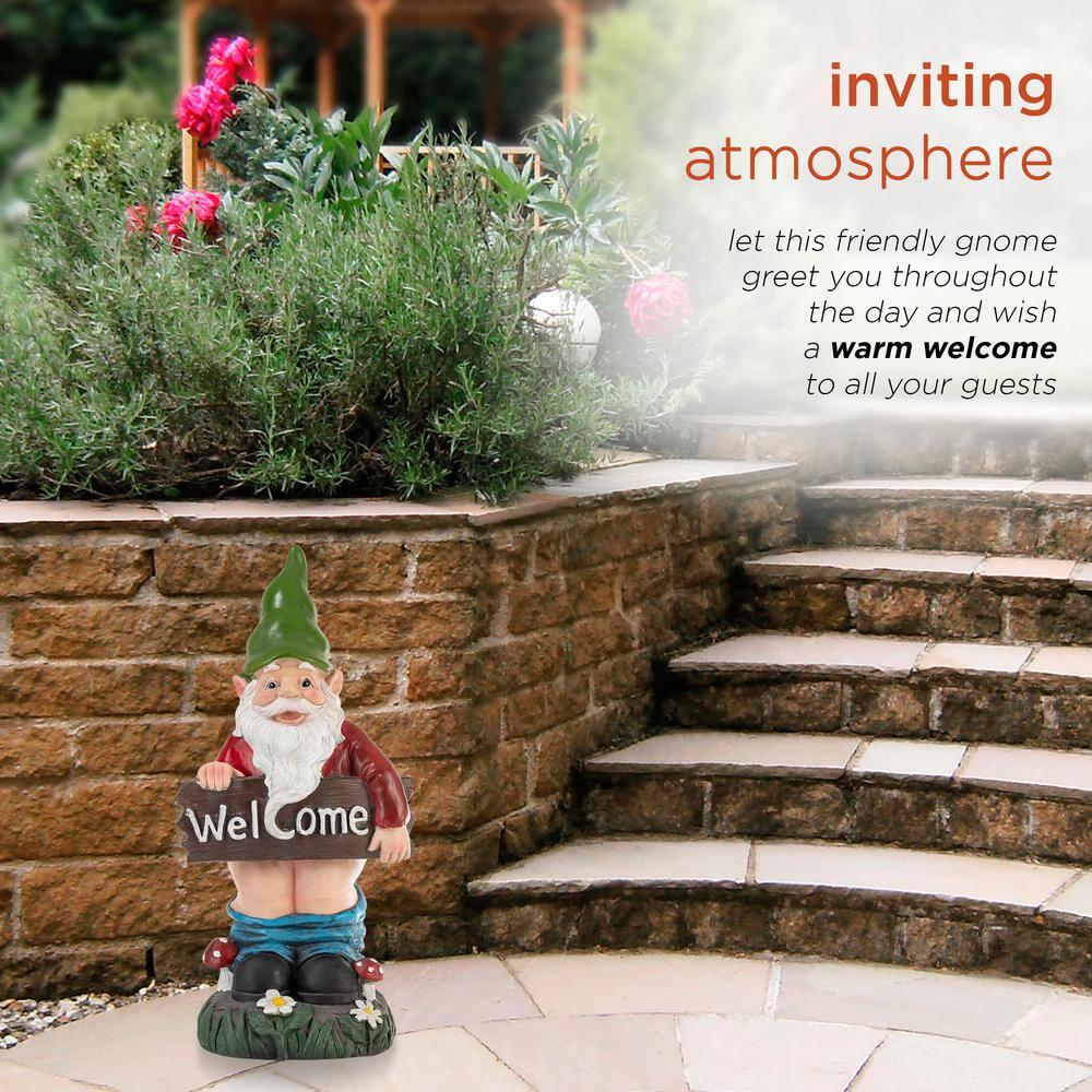 22"H Ceramic Outdoor Sculpture - Alpine Corporation: Garden Gnome with Welcome Sign, Mythical Decor