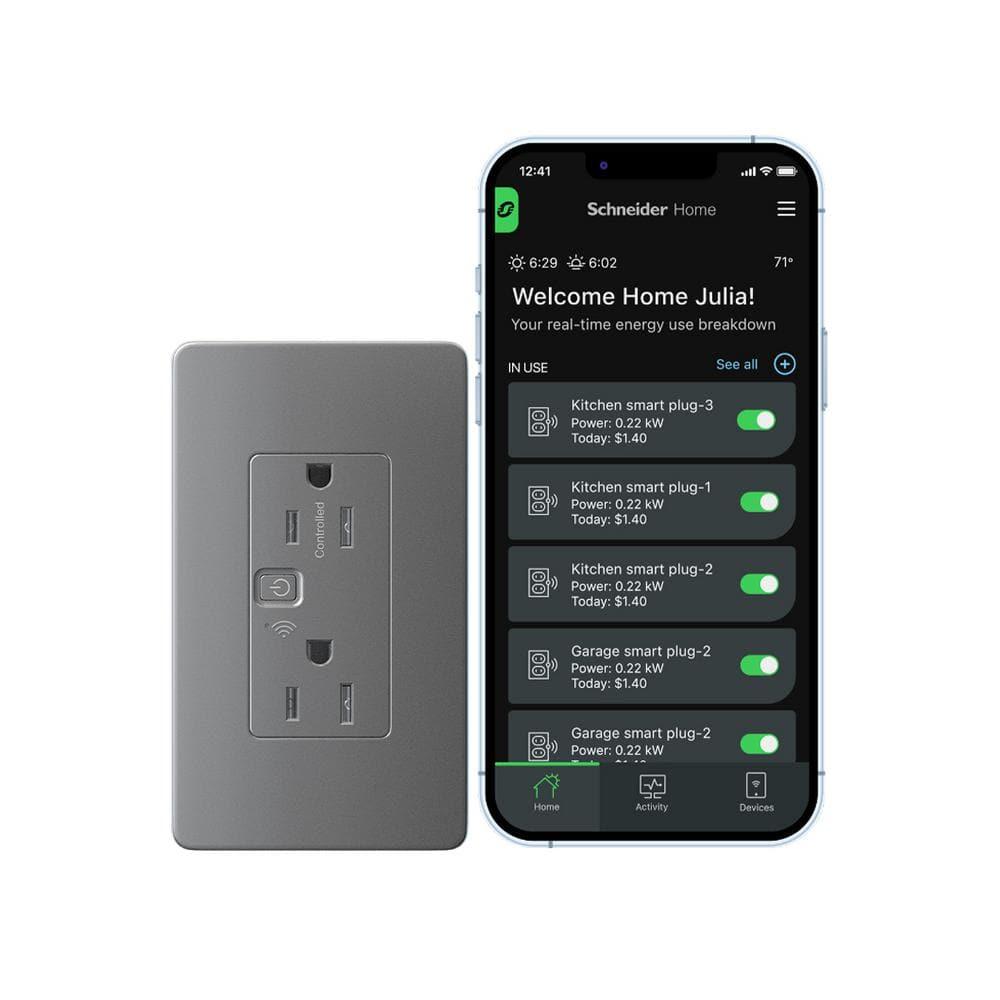 Square D by Schneider Electric X Series 15A 125V Wi-Fi Energy Monitoring Socket Outlet, Tamper Resistant, Needs Neutral Wire, Matter Certified, Compatible with Alexa, Google Home, Apple Home, Grey