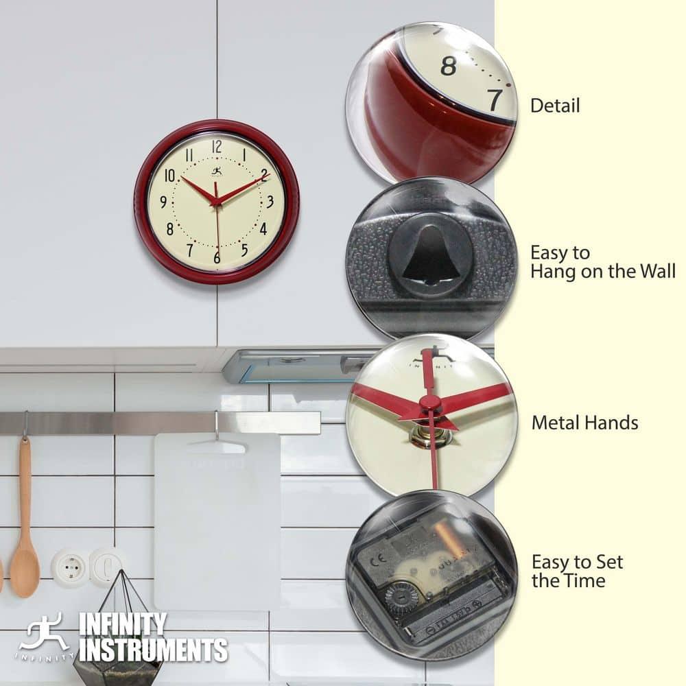 9.5" Retro Metal Wall Clock Red - Infinity Instruments: Indoor Modern Decor, Off-White Face, Round Shape