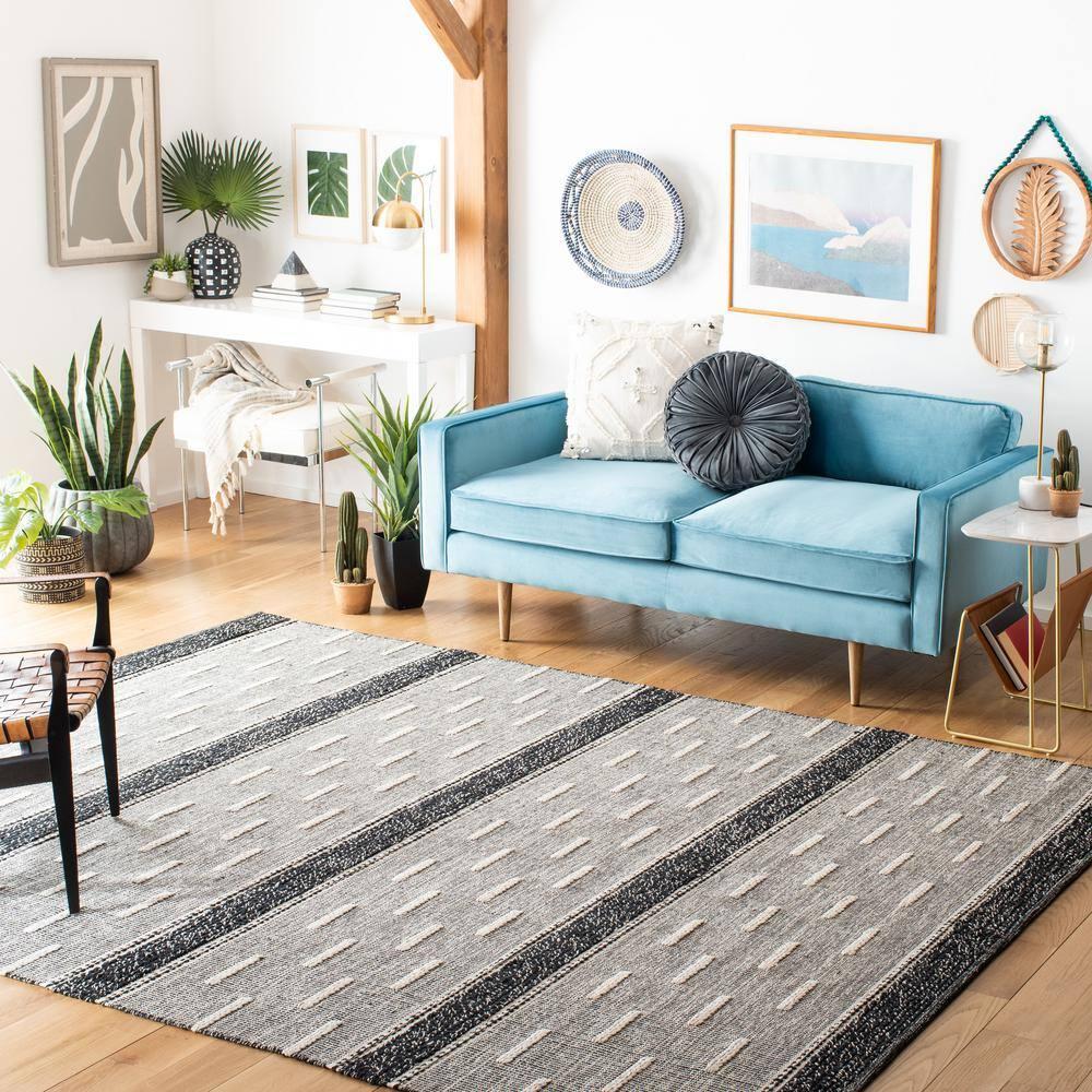 SAFAVIEH Striped Kilim Percival Striped Cotton Area Rug, Black/Ivory, 9' x 12'
