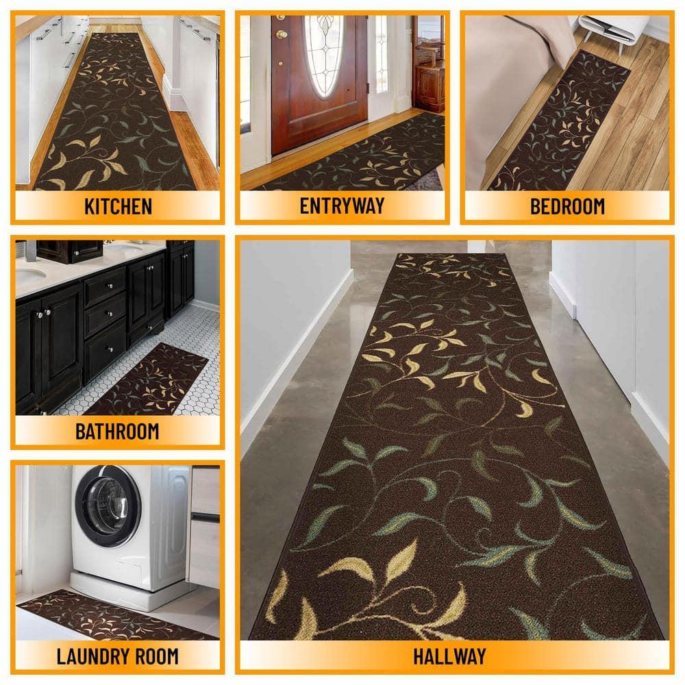Ottohome Non-Slip Leaves Area Rug For Living Room, Hallway Runner, Entryway Rug, Brown