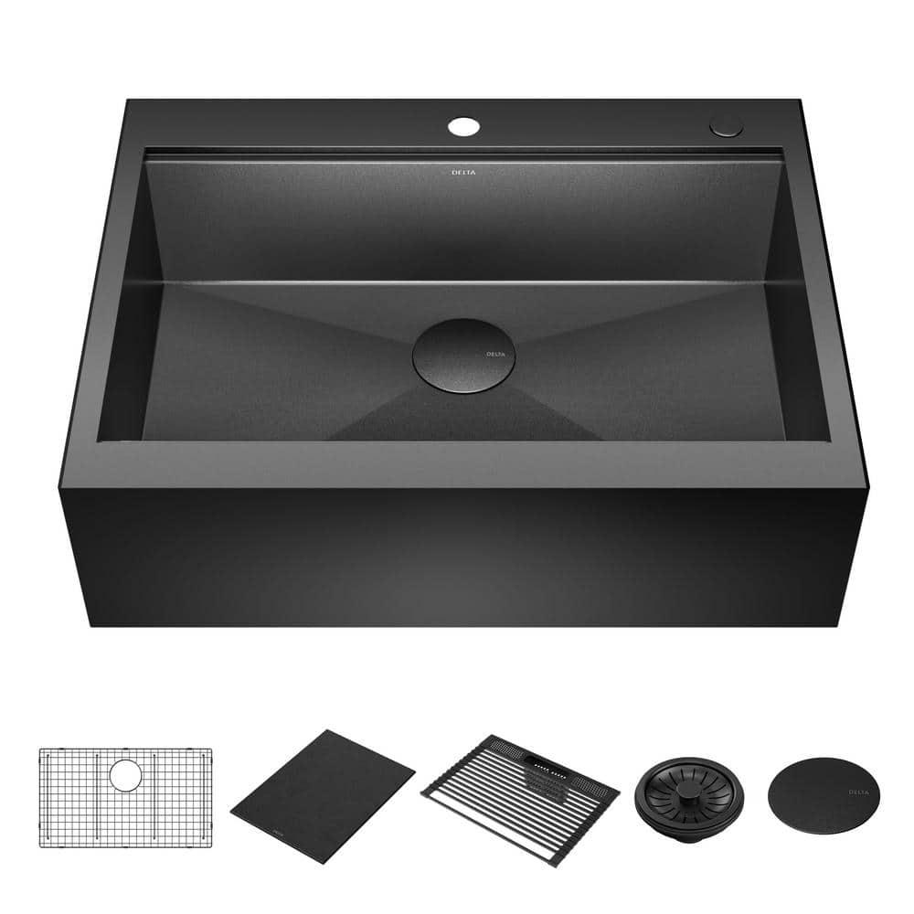 Delta Rivet™ Black Stainless Steel Retrofit Farmhouse Apron Front 16 Gauge Workstation Kitchen Sink Single Bowl