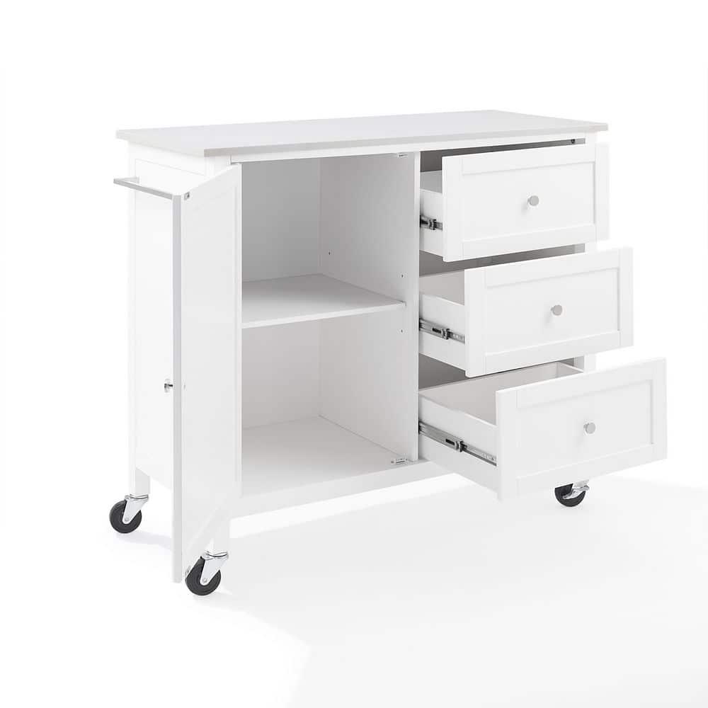 Crosley Soren Stone Top Kitchen Island/Cart White: Rolling Cart with Storage, 2 Shelves, 3 Drawers, Traditional Style