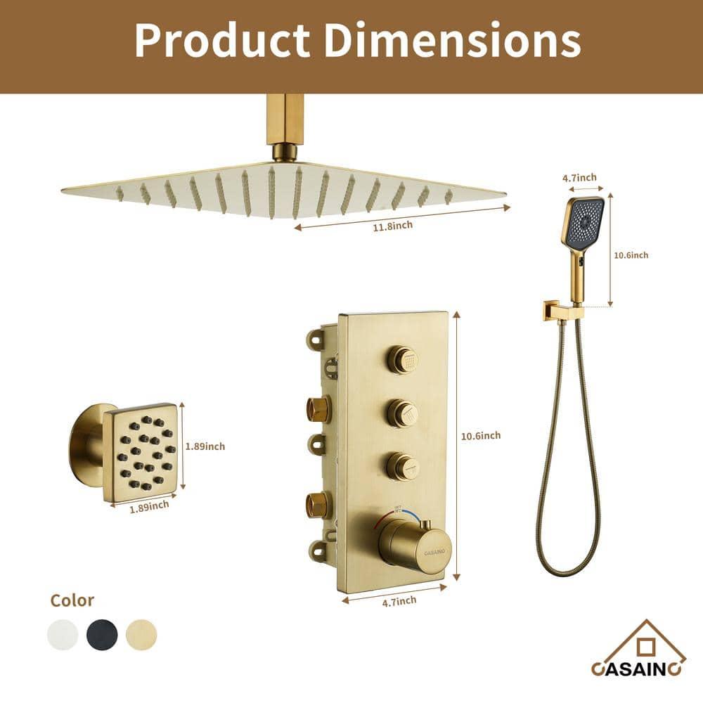 3 Functions 12 Inch Wall Mount Thermostatic Shower System with 6 Body Jets