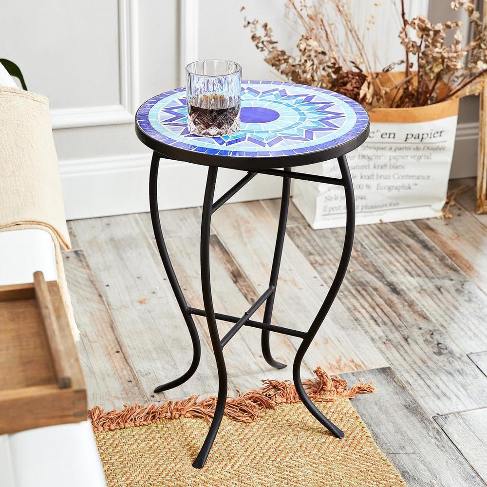 Outdoor Patio Side Table Round Ceramic Tile End Table Blue