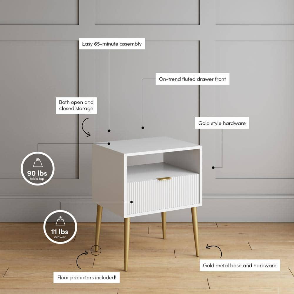 Nathan James Jacklyn Wood Fluted Nightstand with Drawer White: Modern Bedside Table, Laminate Surface