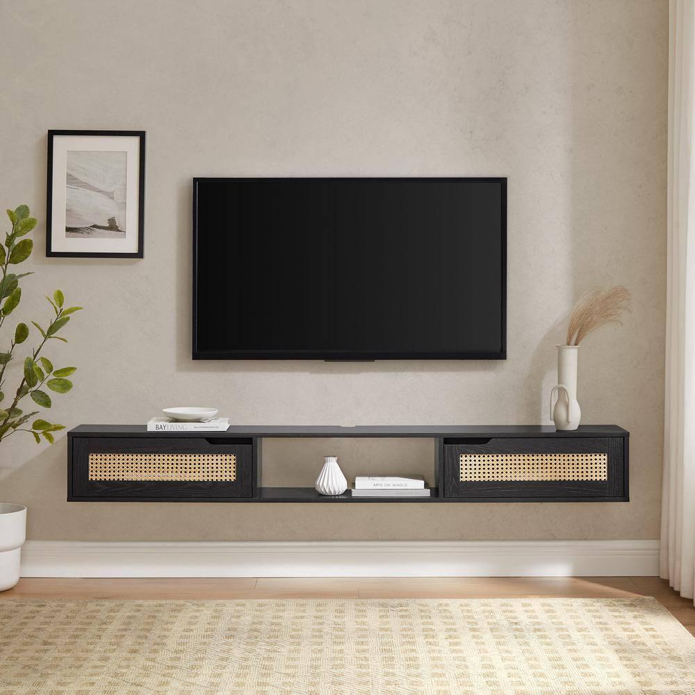 Walker Edison Modern Rattan-Door Floating TV stand for TVs up to 80”, Black